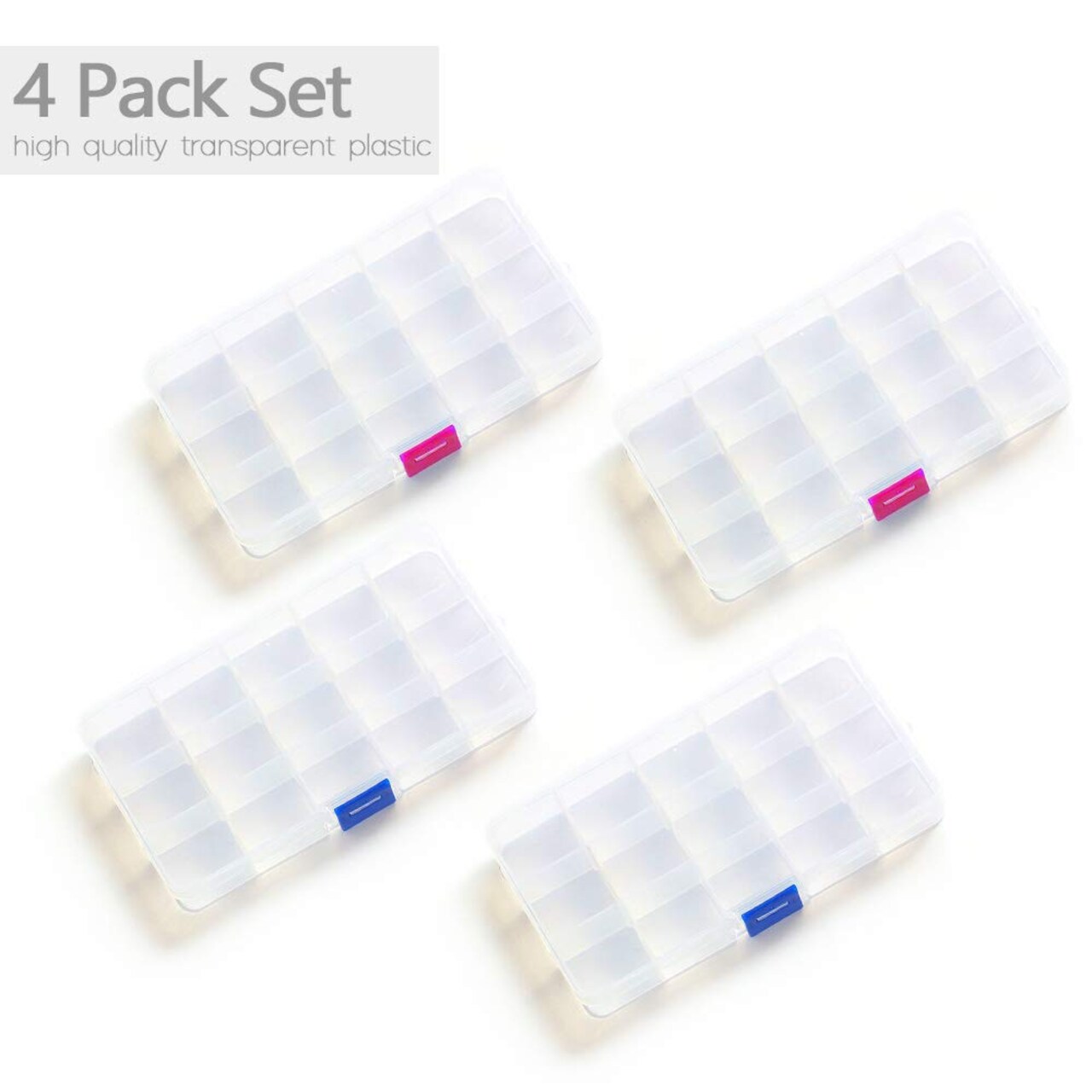 4 Pck Jewelry Organizer, SMALL Transparent Plastic Bead Organizers(15 grids) with Movable Dividers Earring Storage Containers Bead Holders, Size 6.9×3.9×0.9in